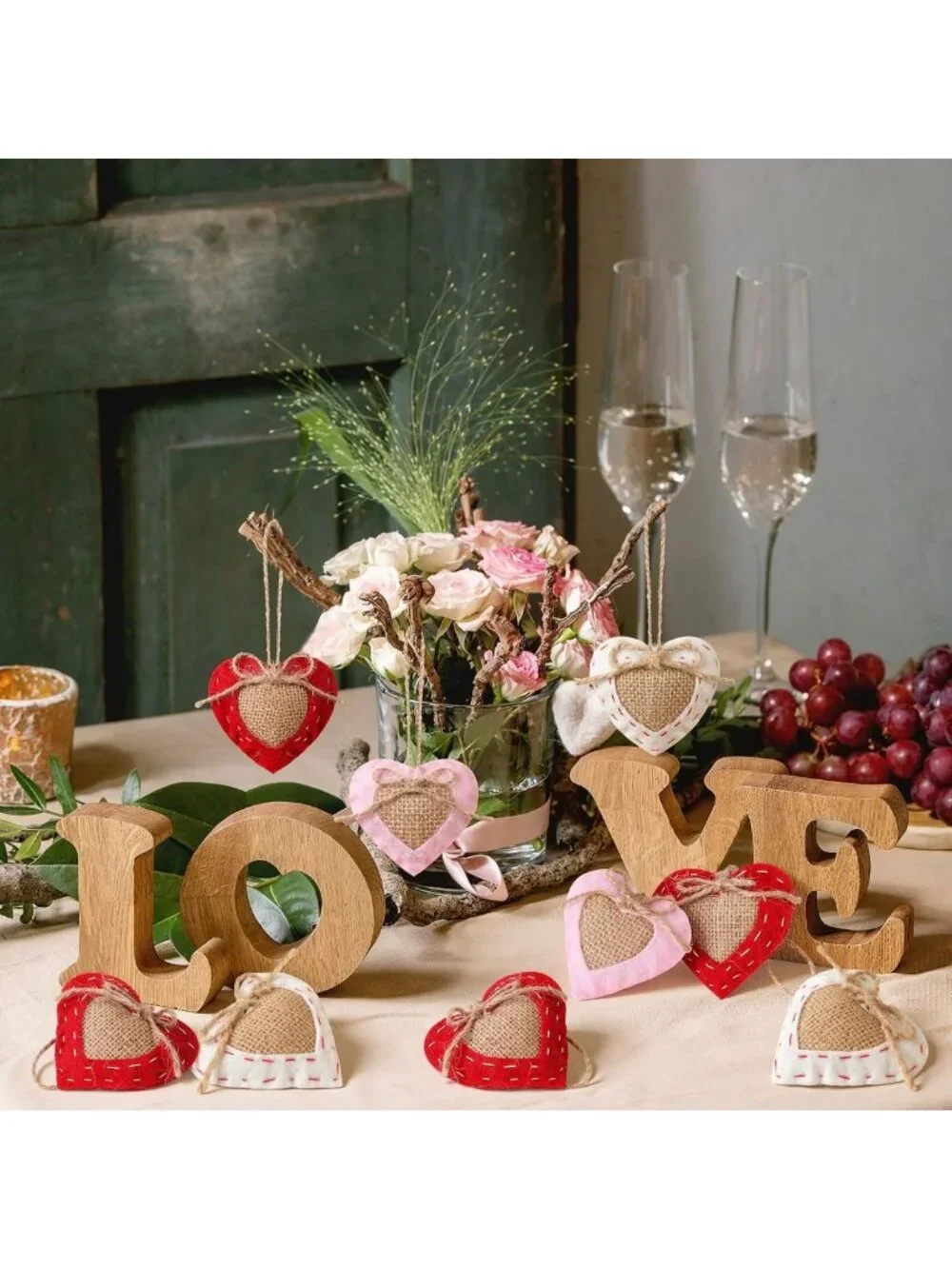 24 Pcs Neutral Valentine's Day Felt Heart Ornaments - Rustic Home Decor & Party